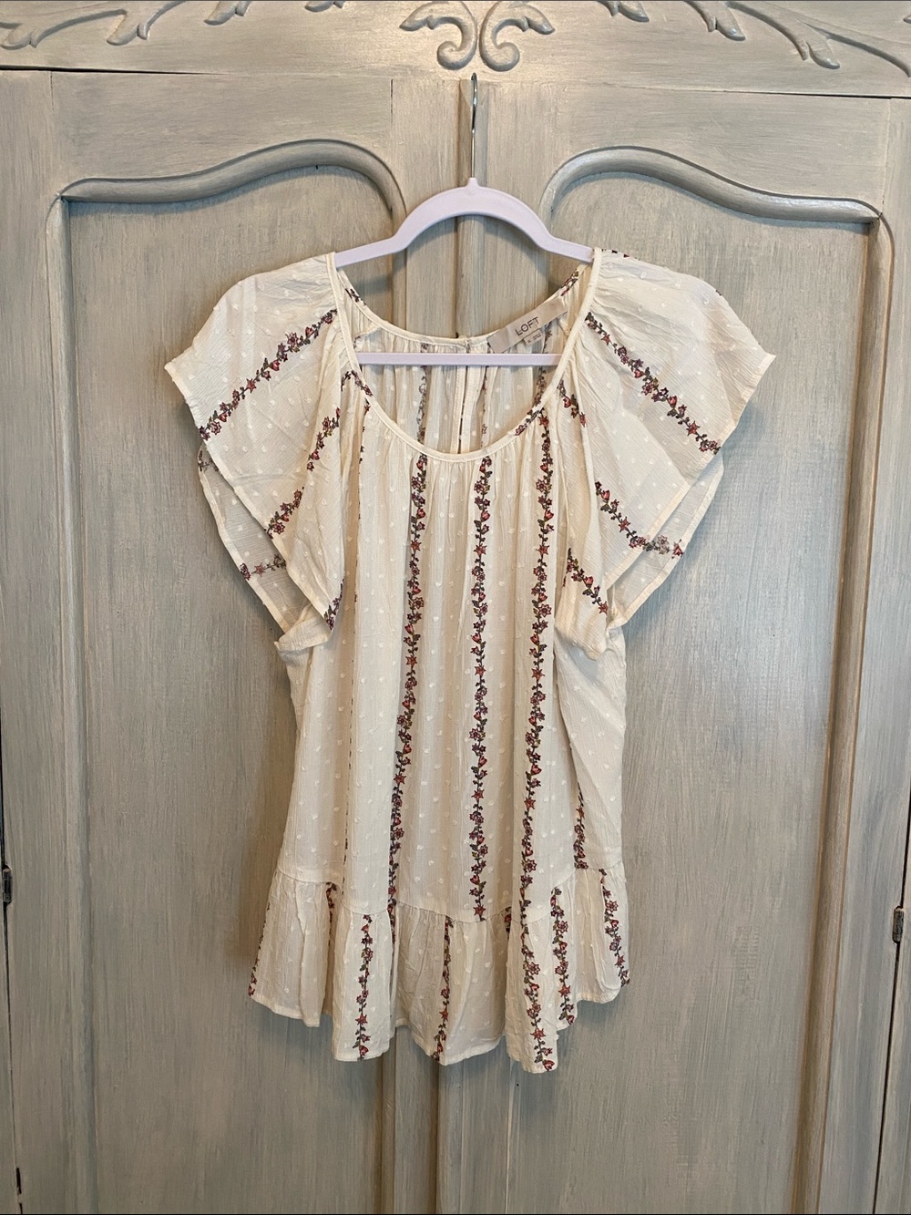 LOFT Cream Flutter Sleeve Embroidered Peplum Tunic